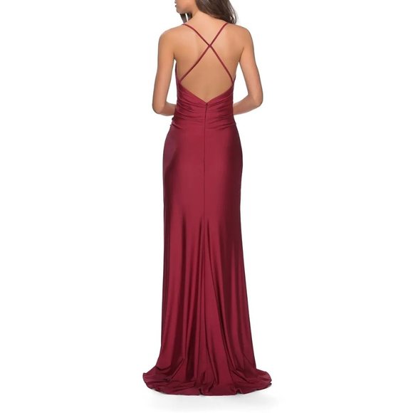 La Femme Cross Back Satin Jersey Trumpet Gown in Burgundy - Size 2 - Picture 2 of 3